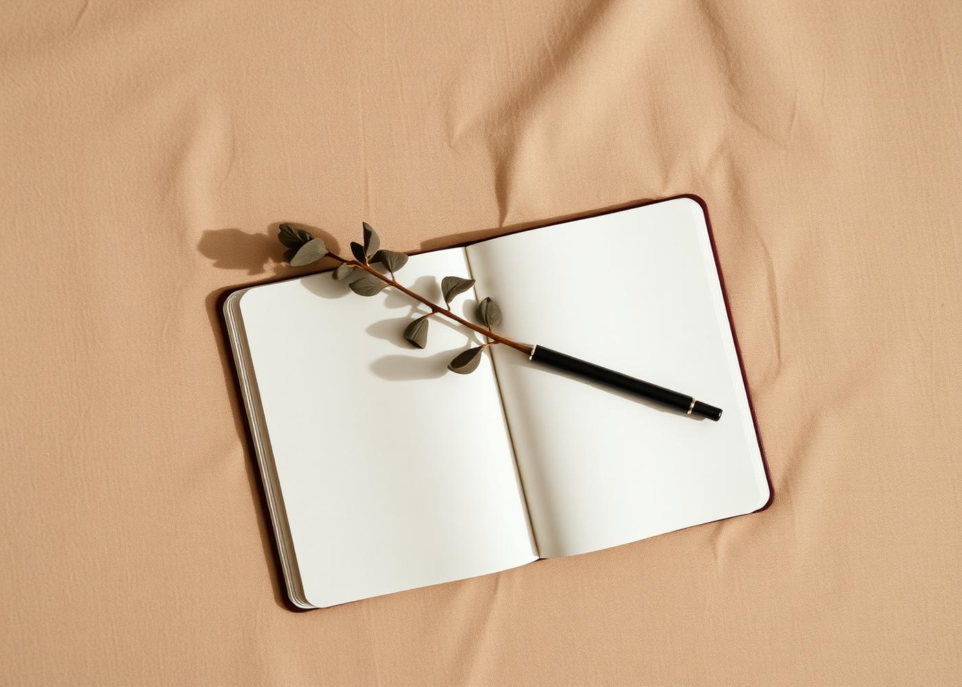 Open journal with eucalyptus on warm linen